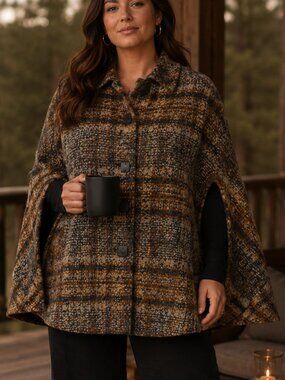 Tartan Plaid Brown Large Relaxed Cabincore Button Earth Tone Textured Cape Coat